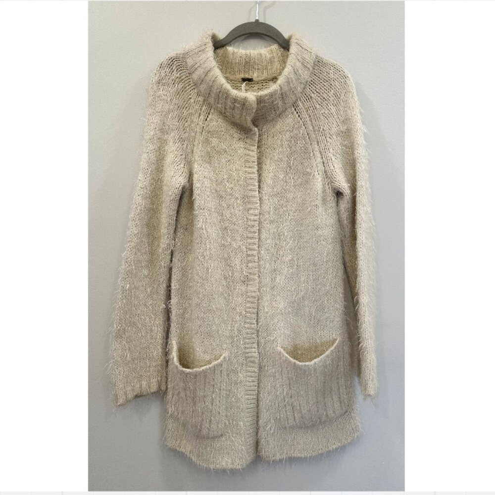 Free People Keep It Fuzzy Cardigan Sweater Knit Pockets Cream Small